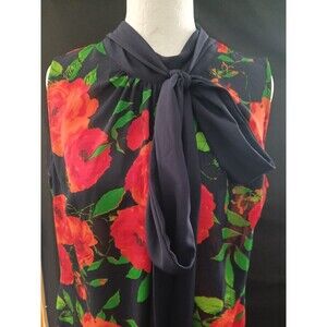 7th Ave Design Studio New York & Co Navy Blue Floral Short Sleeve Blouse M